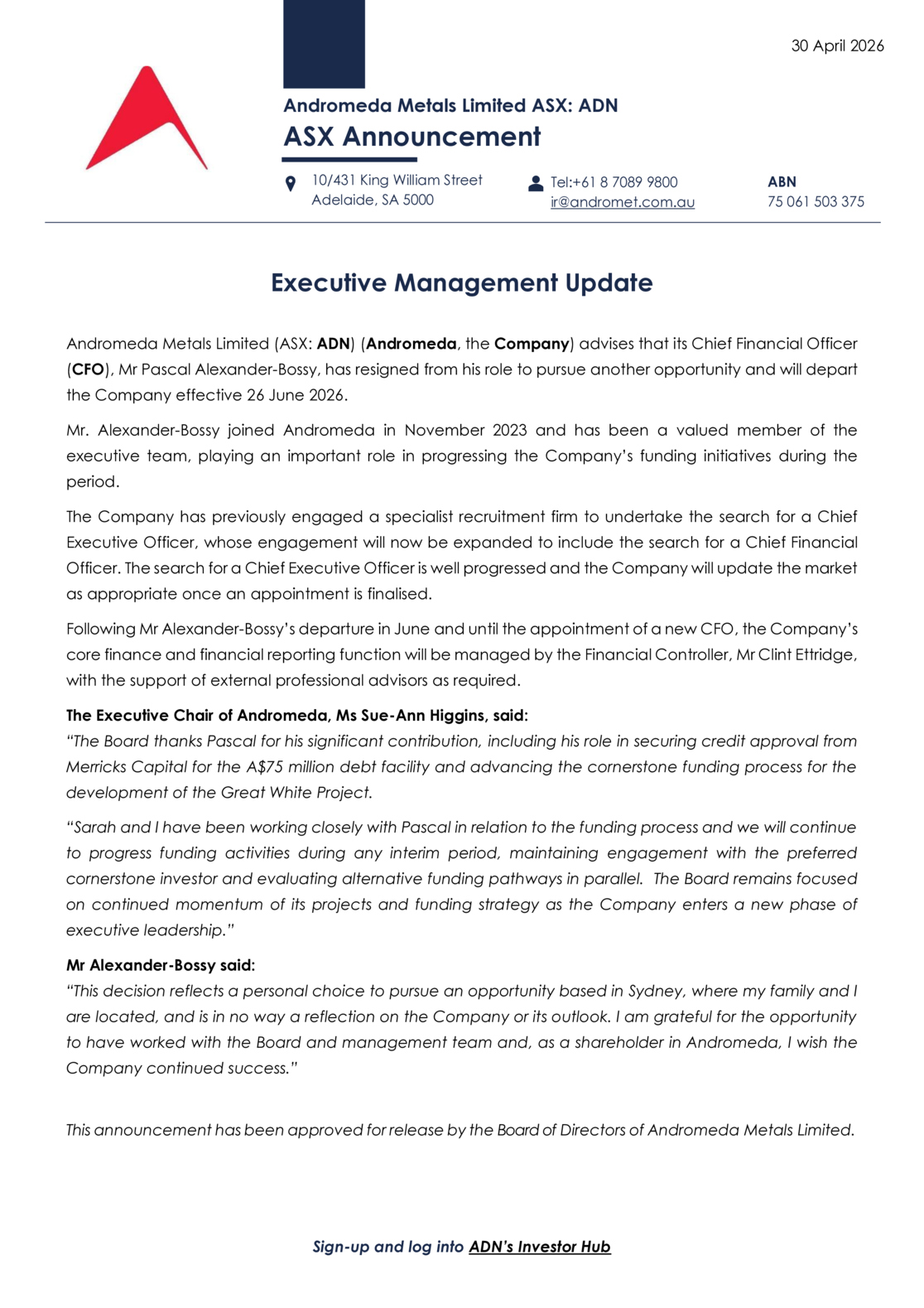 ASX:ADN - Executive Management Update