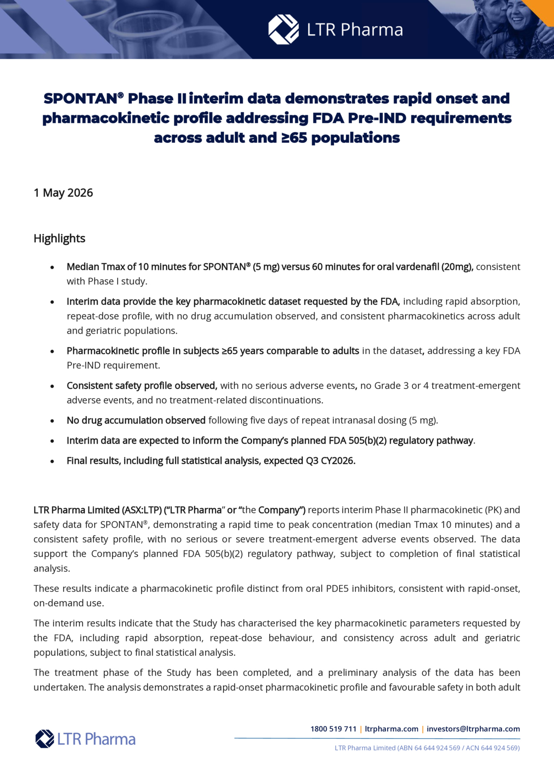 ASX:LTP - SPONTAN Phase II data show rapid onset, support FDA pathway