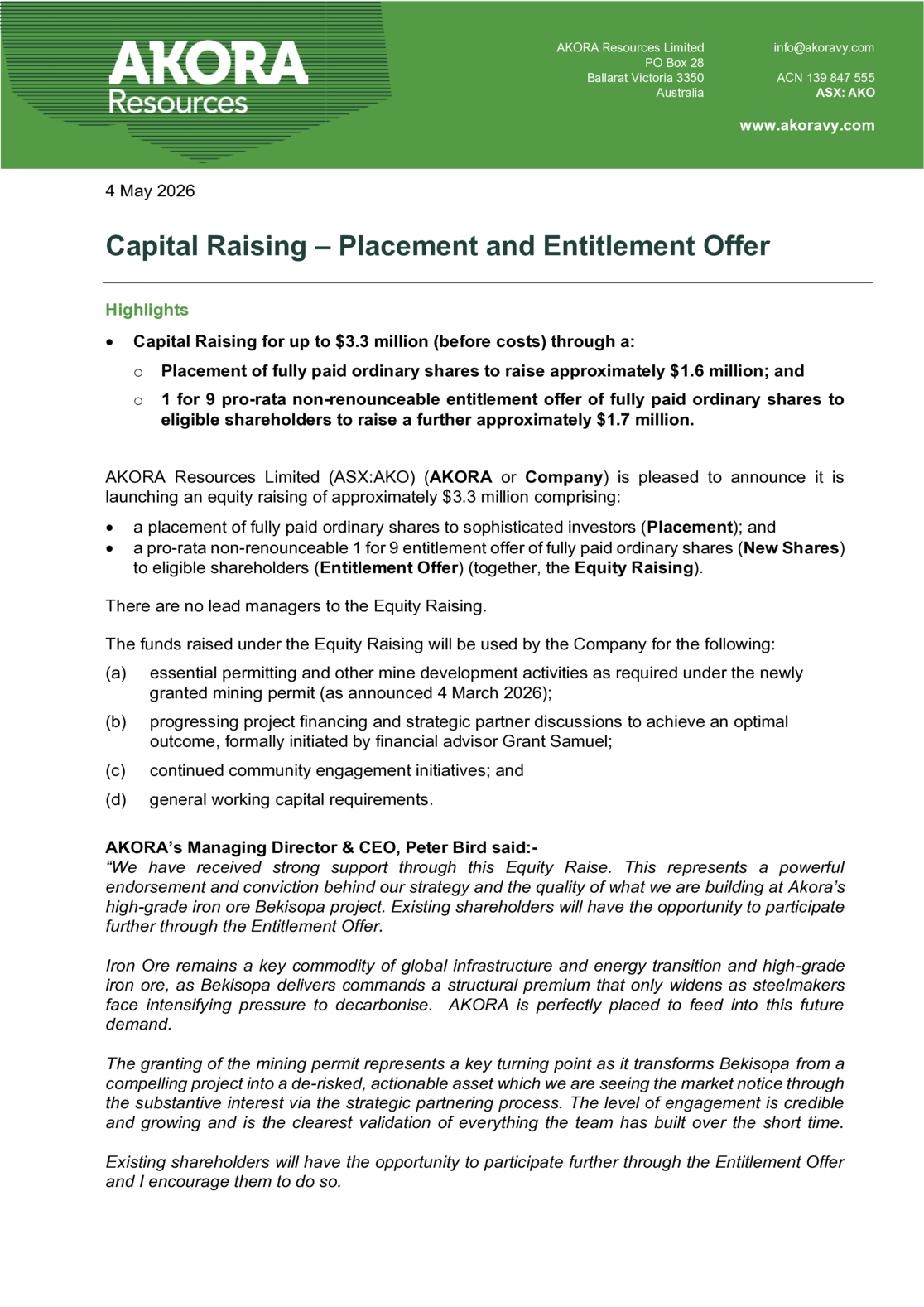 ASX:AKO - Equity Raise Comprising Placement and Entitlement Offer
