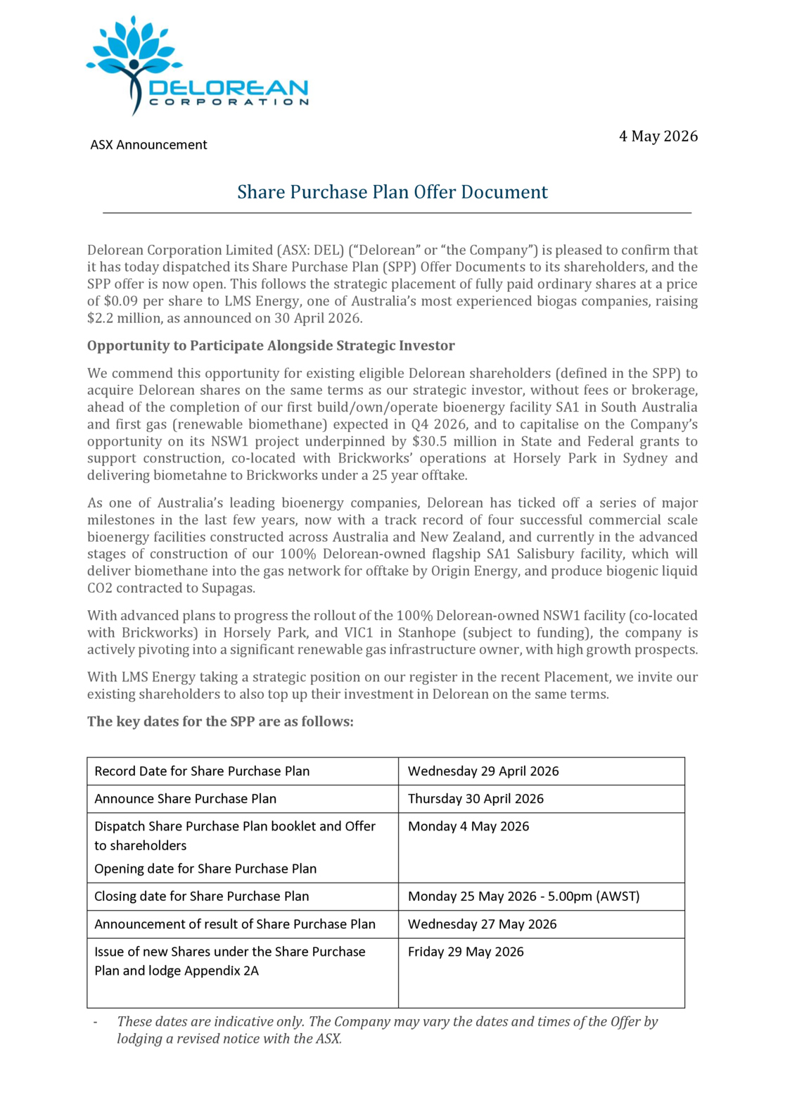 ASX:DEL - Security Purchase Plan