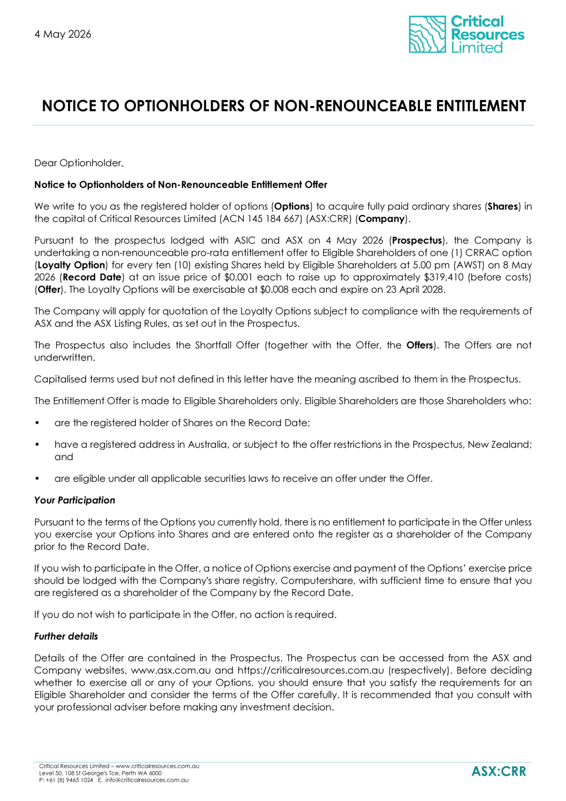ASX:CRR - Loyalty Options Offer - Letter to Optionholders
