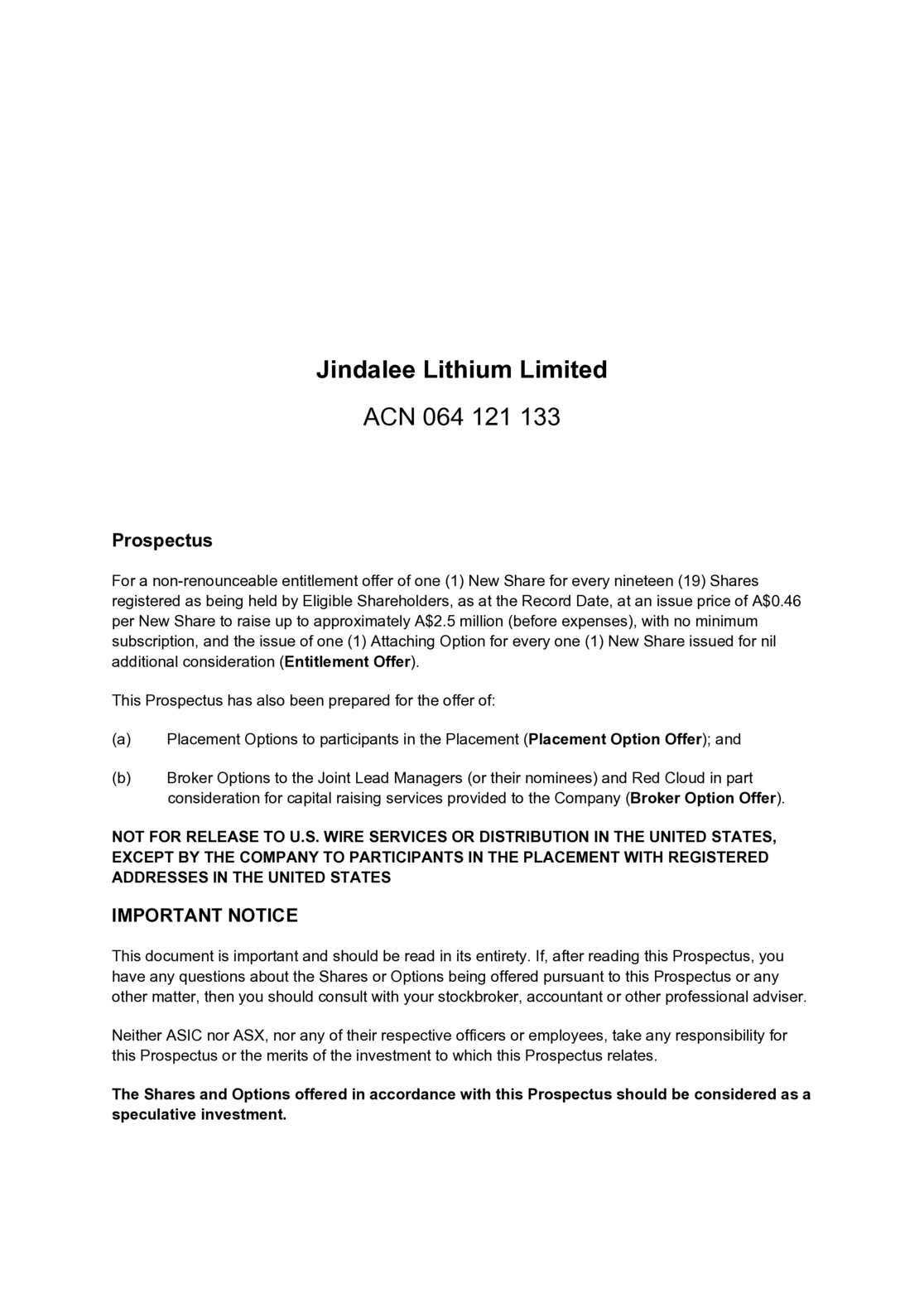 ASX:JLL - Entitlement Offer and Options Prospectus