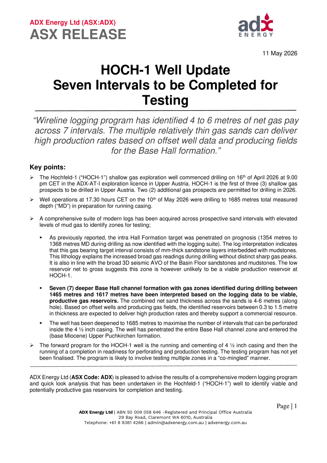 ASX:ADX - HOCH-1 Well - Seven Intervals to be Completed for Testing