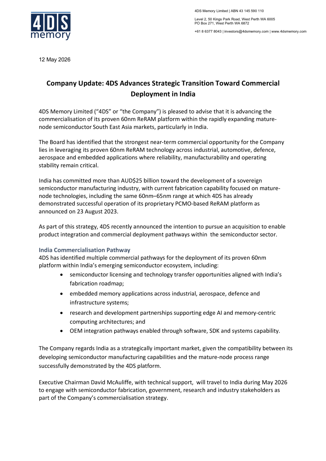 ASX:4DS - Company Update