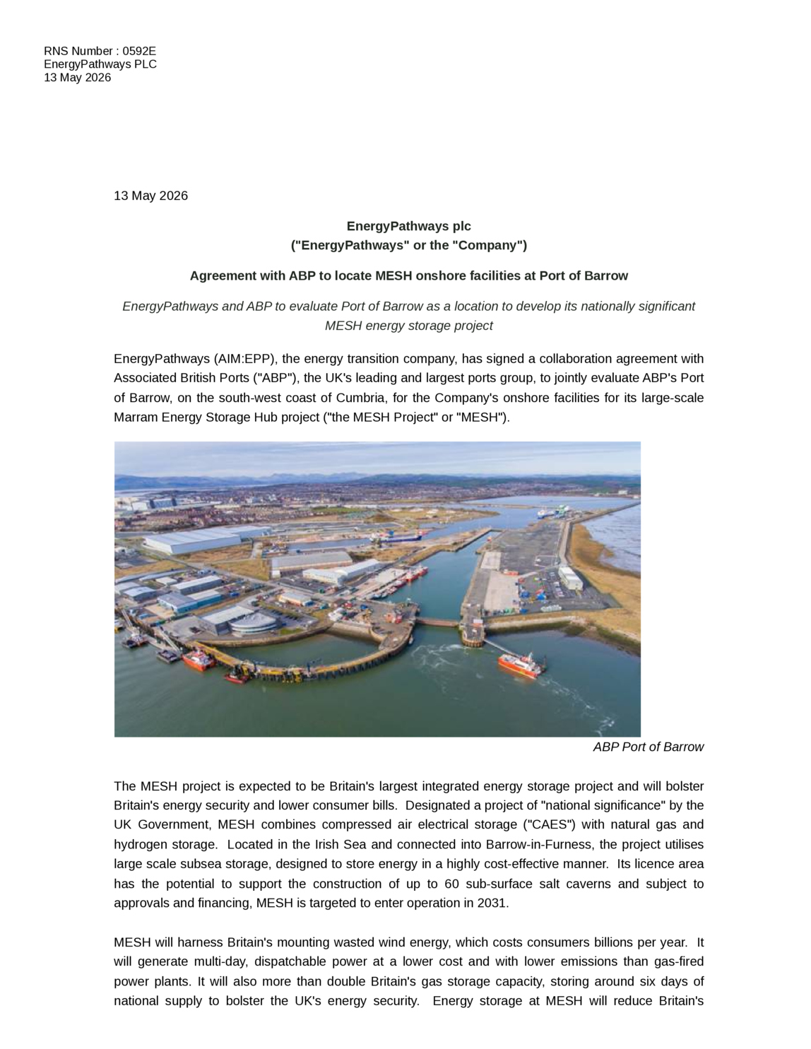 LSE:EPP - EnergyPathways PLC - Agreement with ABP to locate MESH facilities