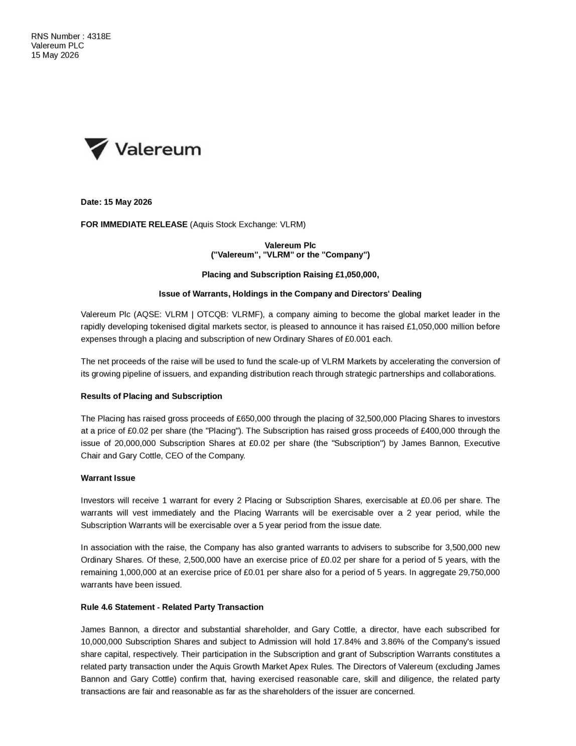 AQSE:VLRM - Valereum PLC - Placing and Subscription Raising £1,050,000