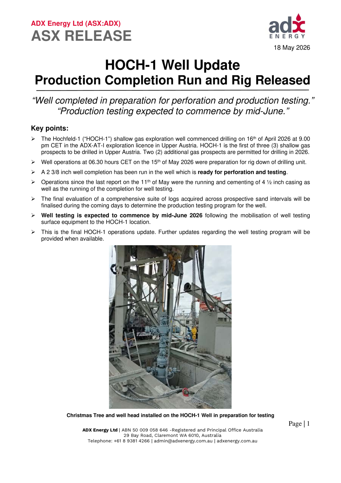 ASX:ADX - HOCH-1 Well Update - Production Completion Run & Rig Release