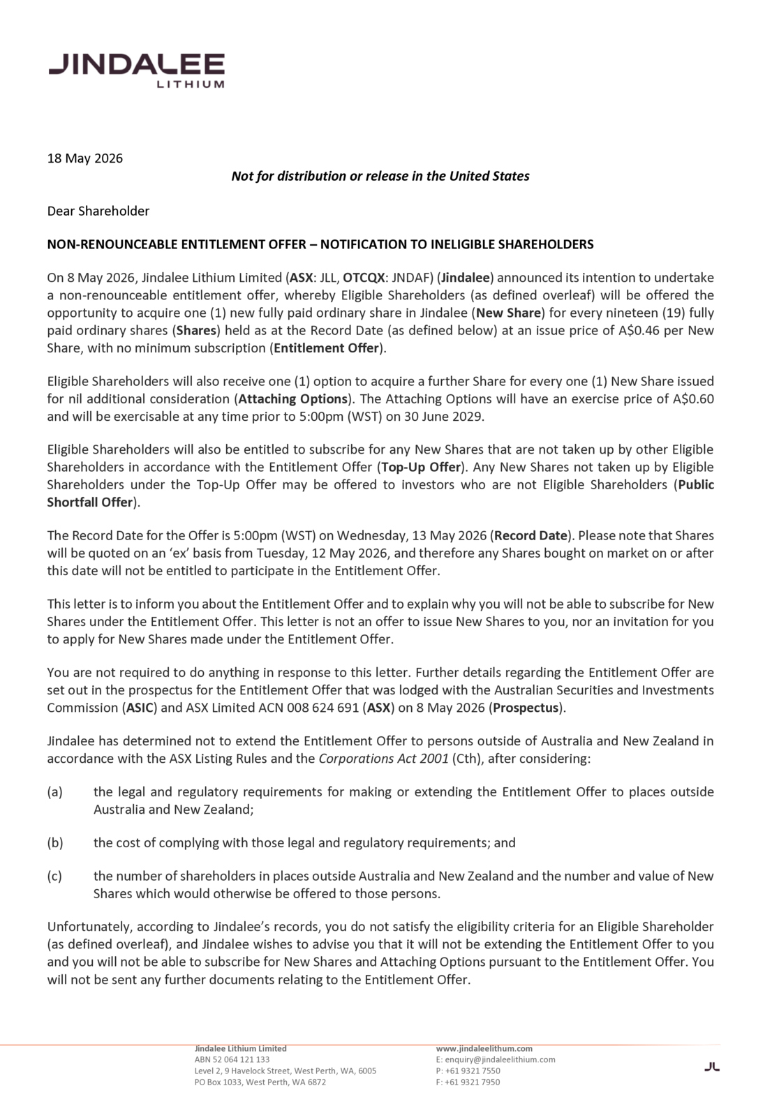 ASX:JLL - Letter to Ineligible Shareholders