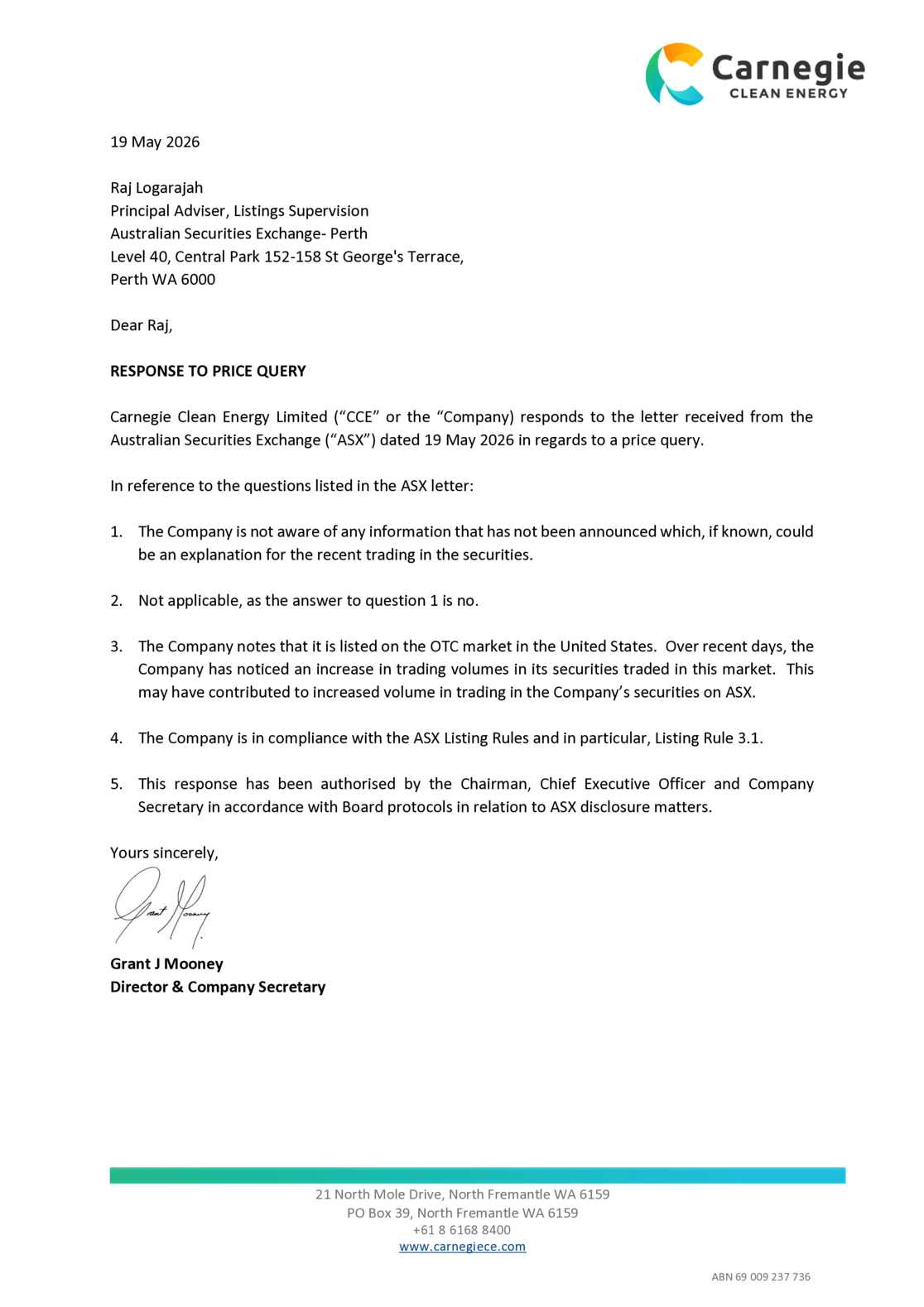 ASX:CCE - Response to ASX Price Query