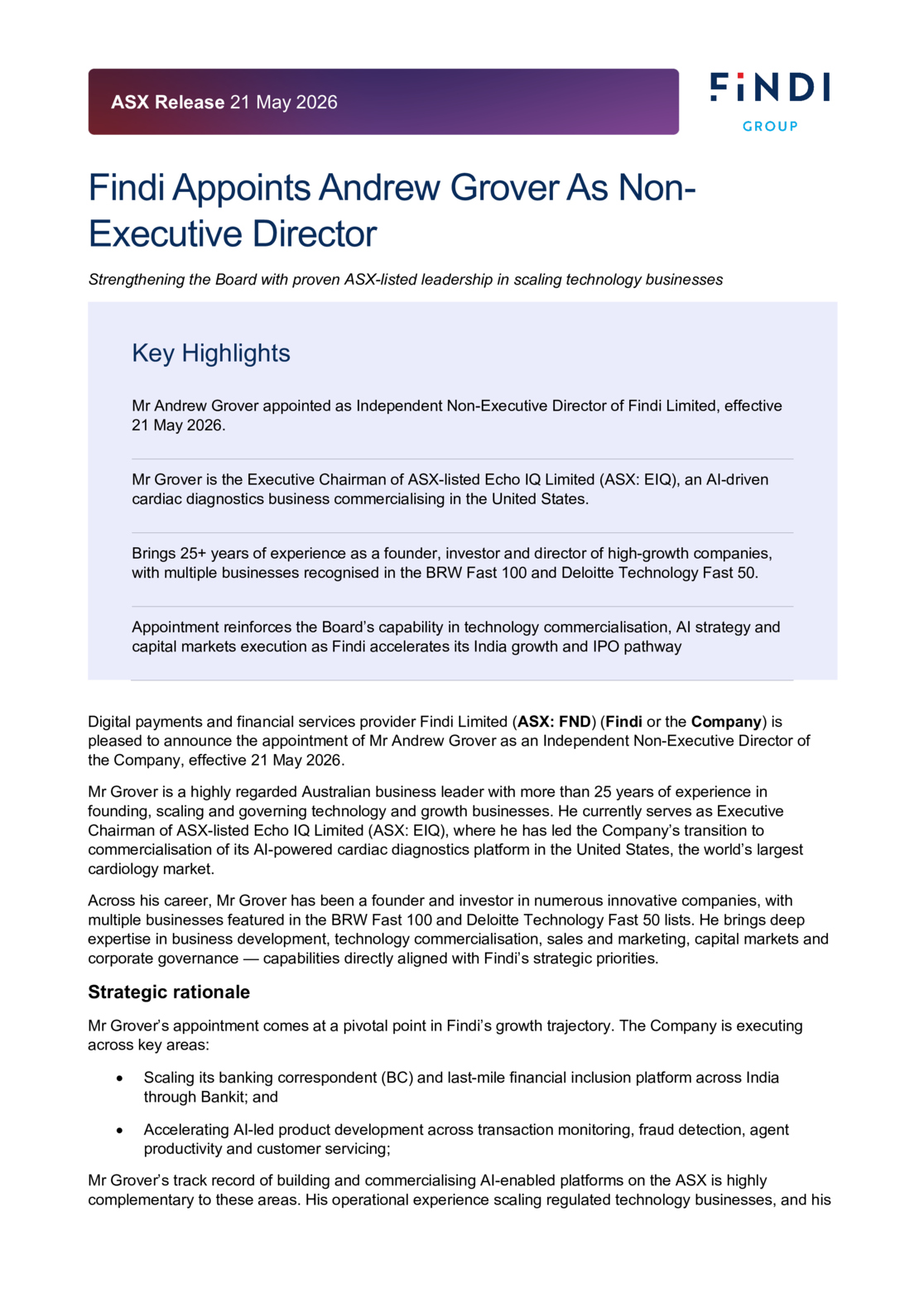 ASX:FND - Findi Appoints Andrew Grover as Non- Executive Director