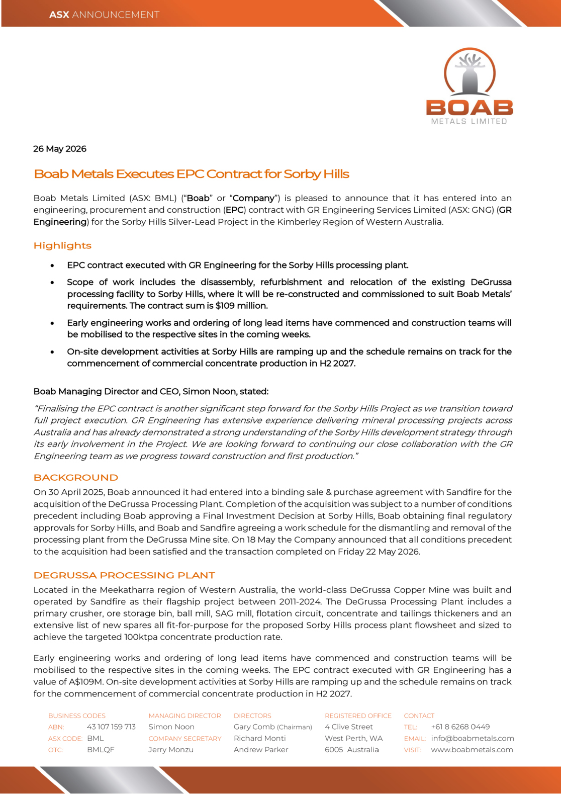 ASX:BML - Boab Metals Executes EPC Contract for Sorby Hills