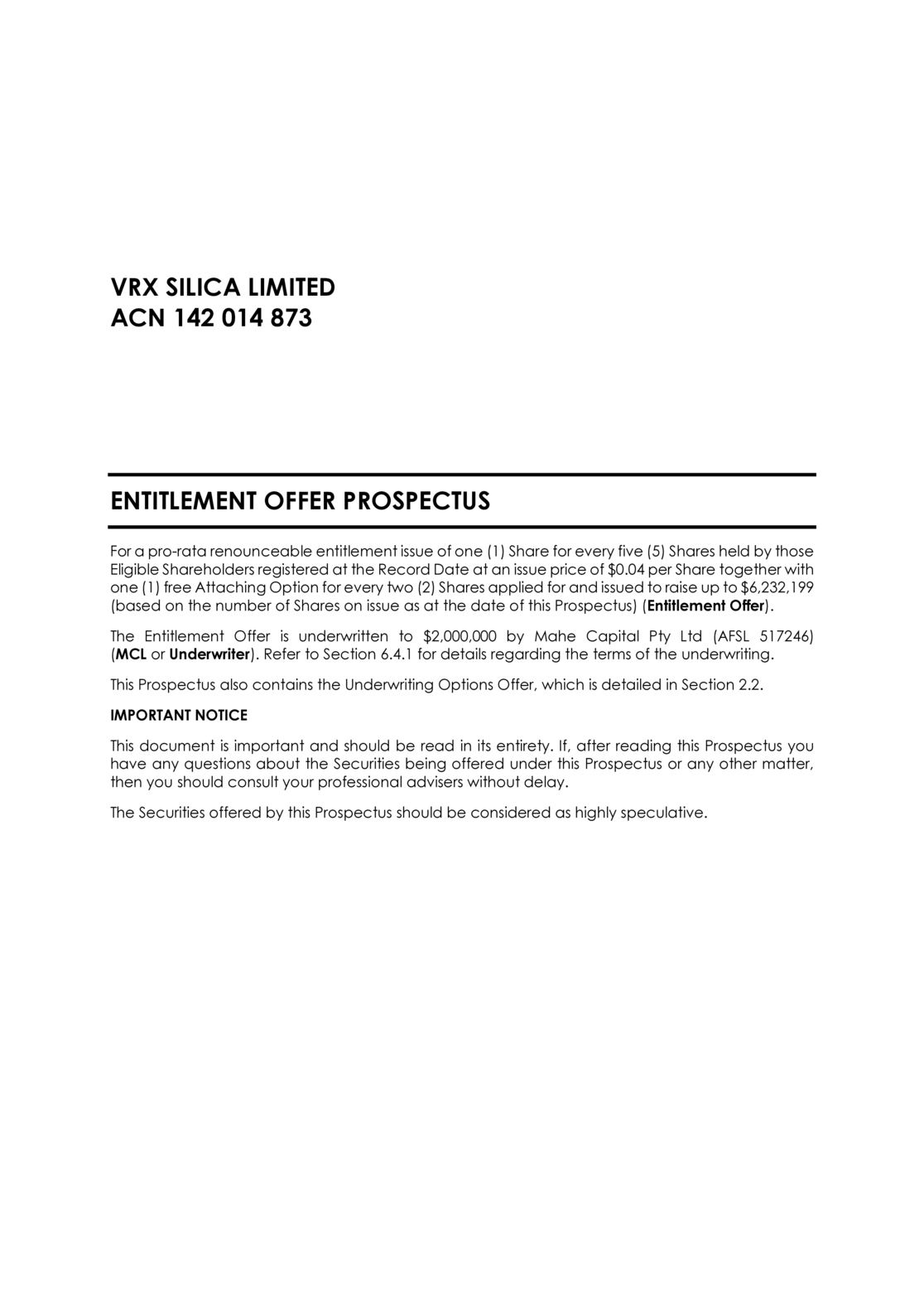 ASX:VRX - Entitlement Offer Prospectus