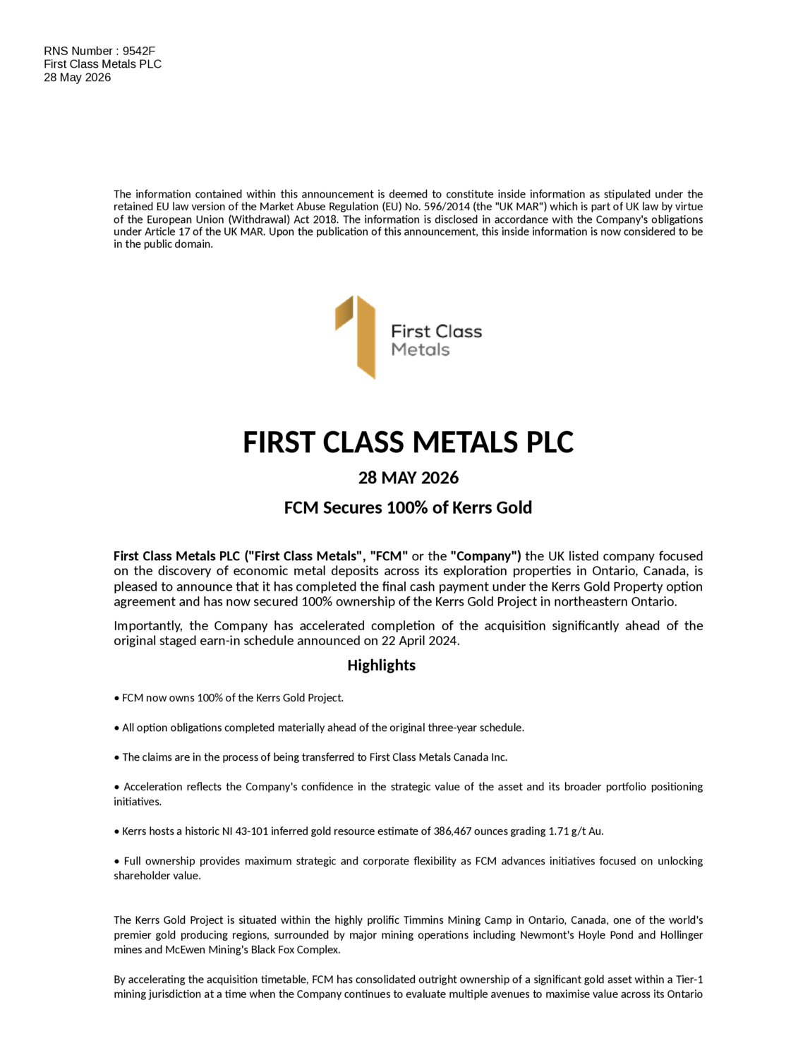 LSE:FCM - First Class Metals - FCM Secures 100% of Kerrs Gold