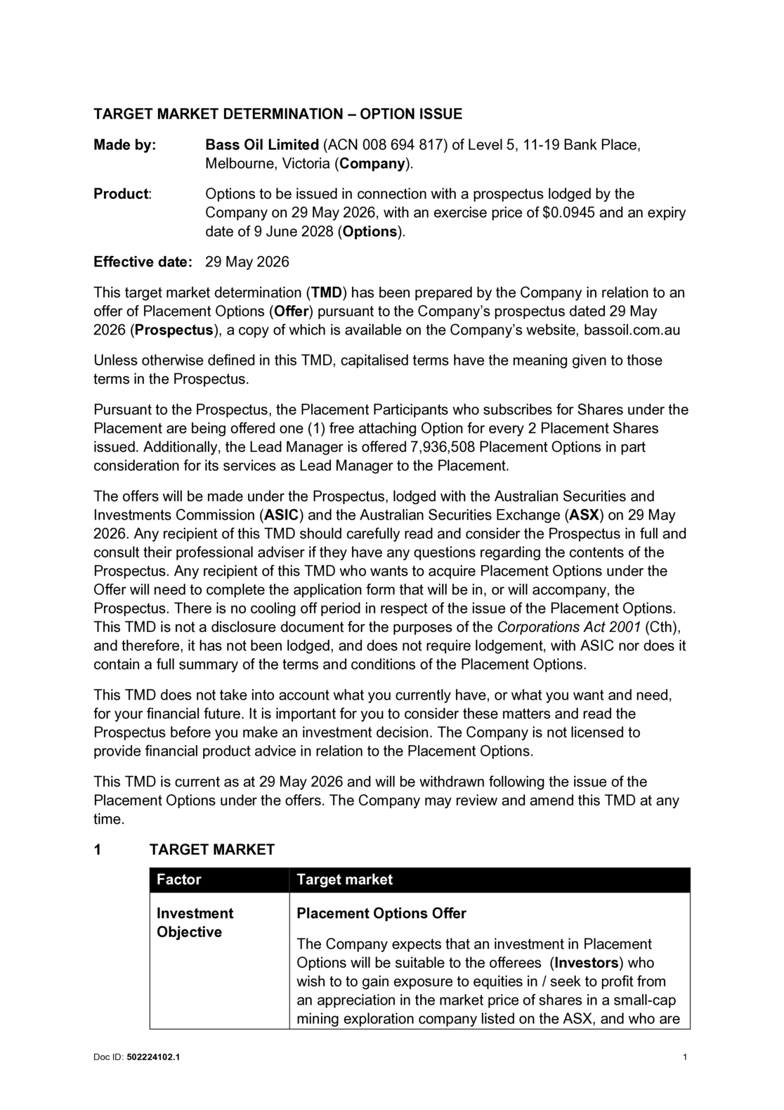 ASX:BAS - Target Market Determination - Options Prospectus