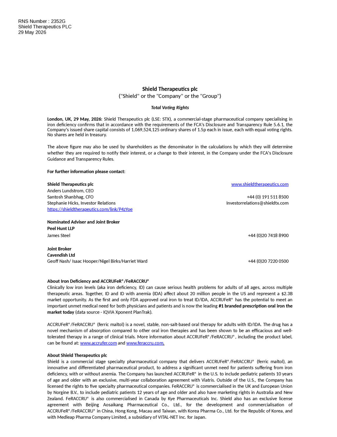 LSE:STX - Shield Therapeutics - Total Voting Rights