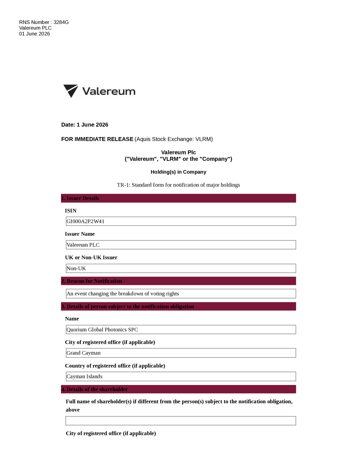 AQSE:VLRM - Valereum PLC - Holding(s) in Company