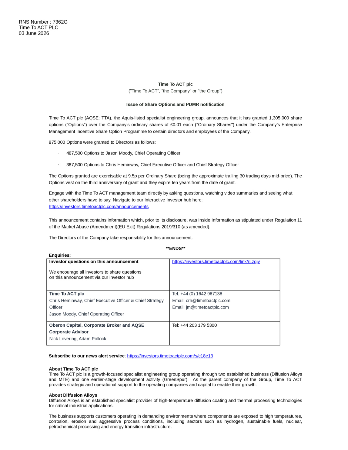 AQSE:TTA - Time To ACT PLC - Issue of Share Options and PDMR notification