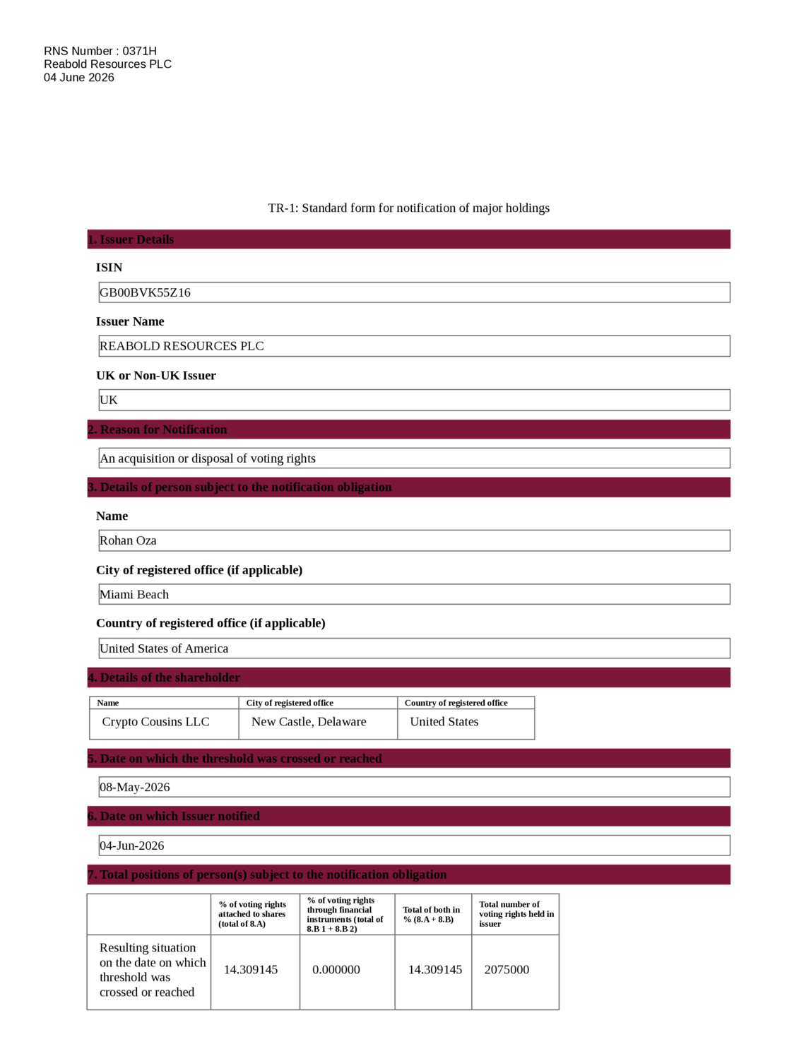 LSE:RBD - Reabold Resources - Standard form for notification of major ...