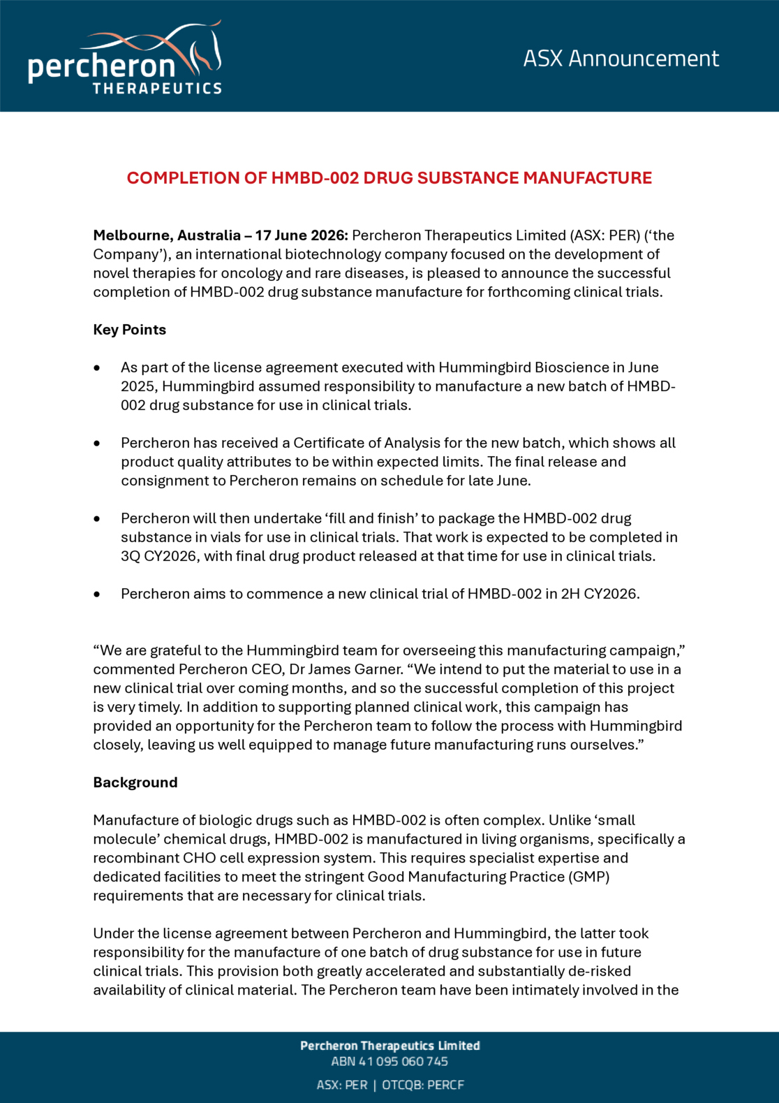 ASX:PER - Completion of HMBD-002 Drug Substance Manufacture