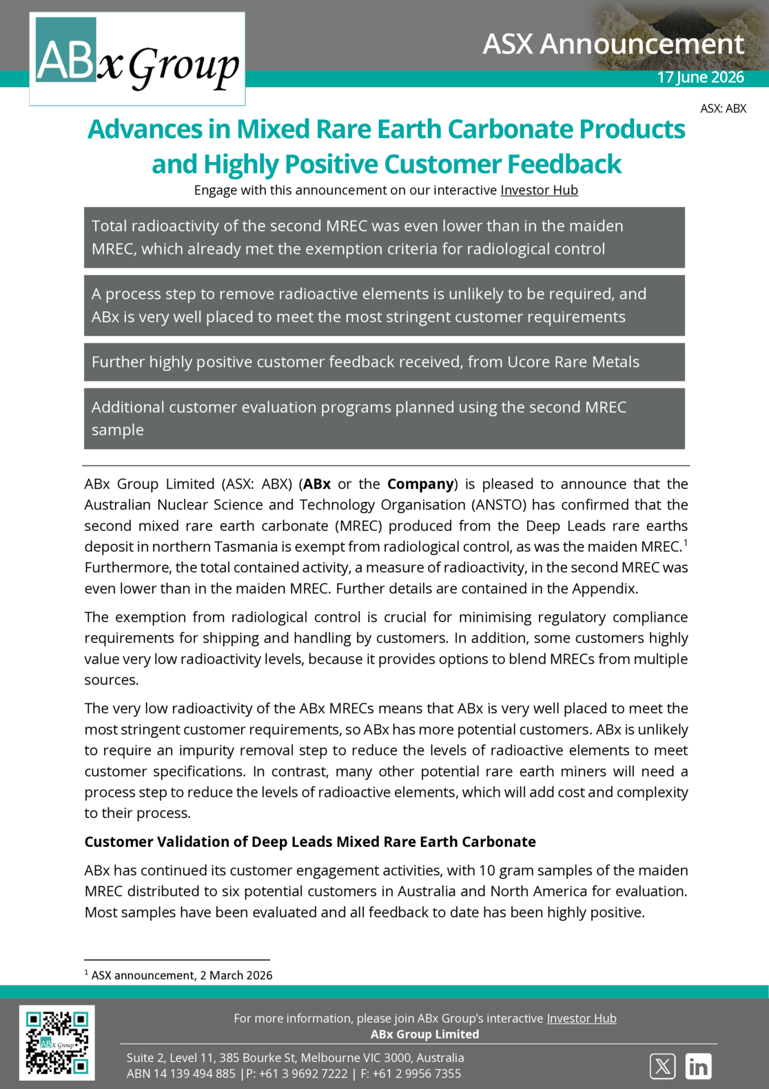 ASX:ABX - Advances in MREC Products and Strong Customer Feedback