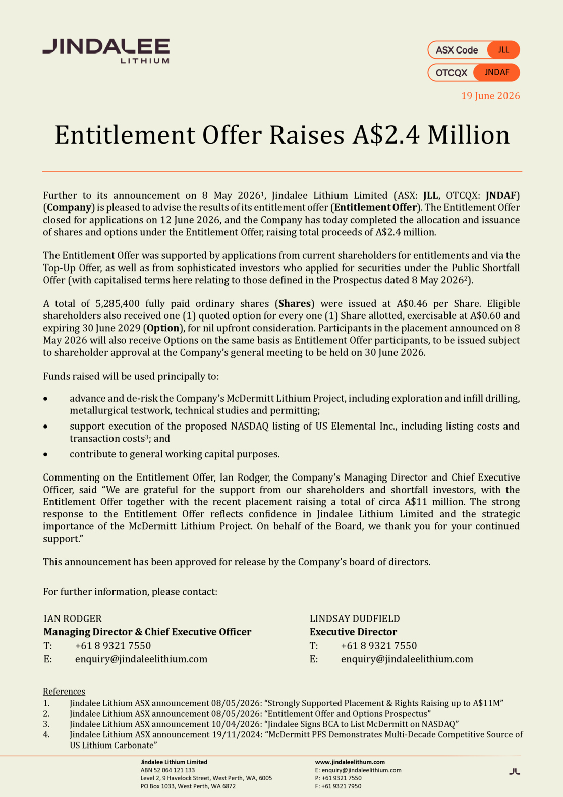 ASX:JLL - Entitlement Offer Raises A$2.4 Million