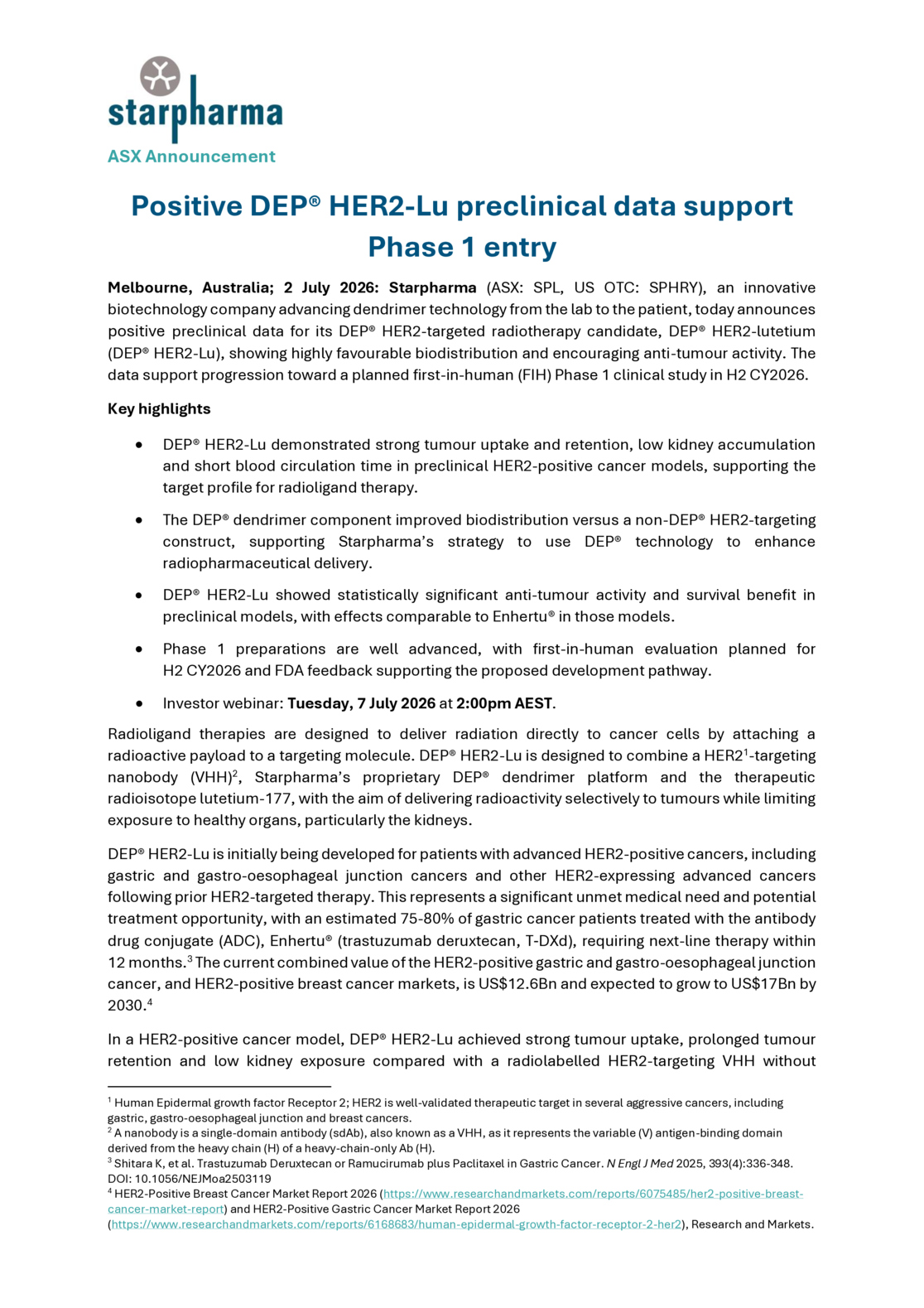 ASX:SPL - Positive DEP HER2-Lu preclinical data support Phase 1 entry