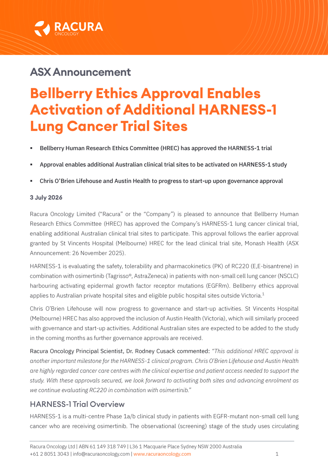 ASX:RAC - Bellberry Ethics Approval Activates New HARNESS Trial Sites