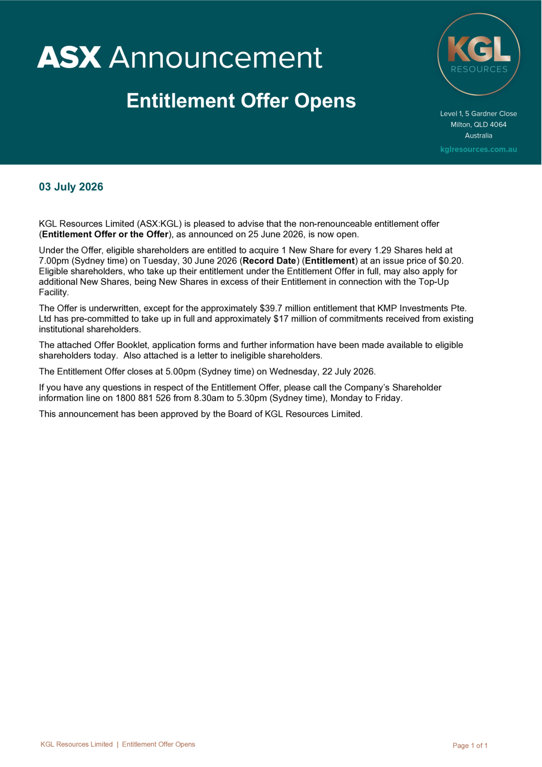 ASX:KGL - Entitlement Offer Opens - Offer Booklet