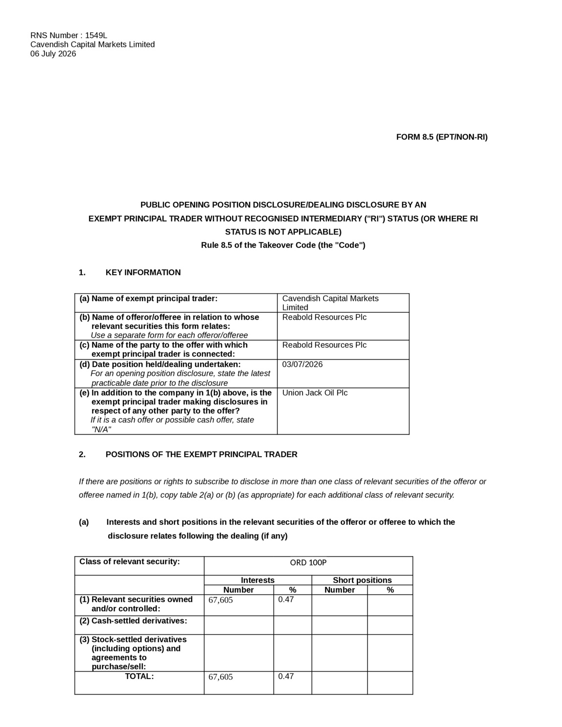 LSE:RBD - Cavendish Capital - Form 8.5 (EPT/NON-RI) - Reabold Resources PLC