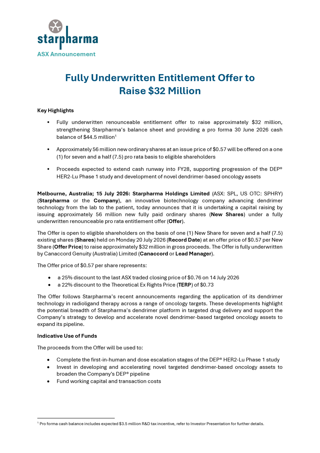 ASX:SPL - Fully Underwritten Entitlement Offer to Raise $32 Million