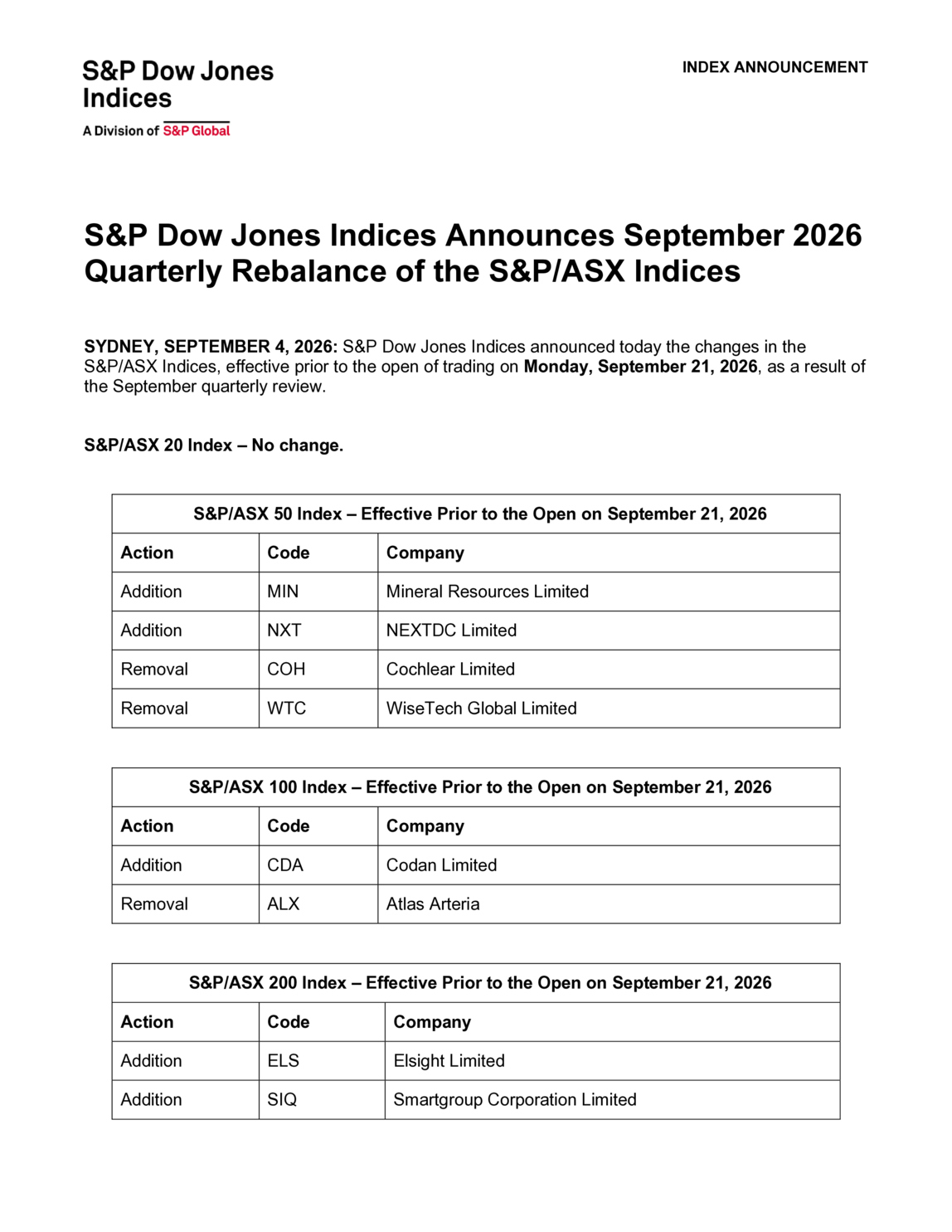 ASX:SPL - S&P DJI Announces September 2026 Quarterly Rebalance