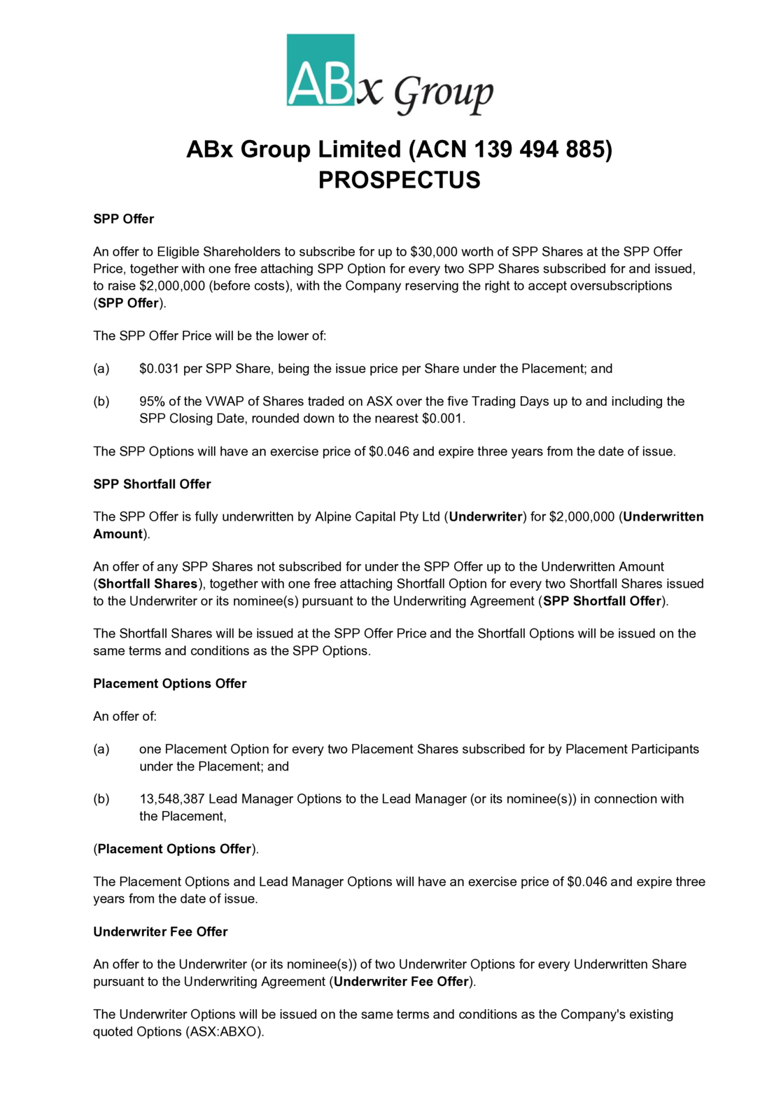 ASX:ABX - Share Purchase Plan Prospectus