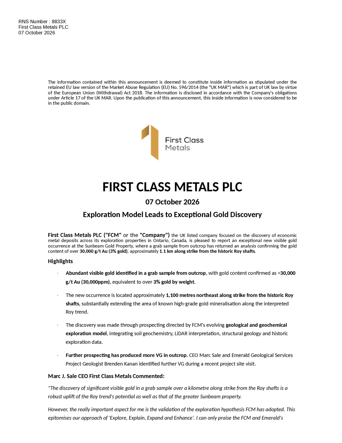 LSE:FCM - First Class Metals - Exploration Model Leads to Exceptional ...