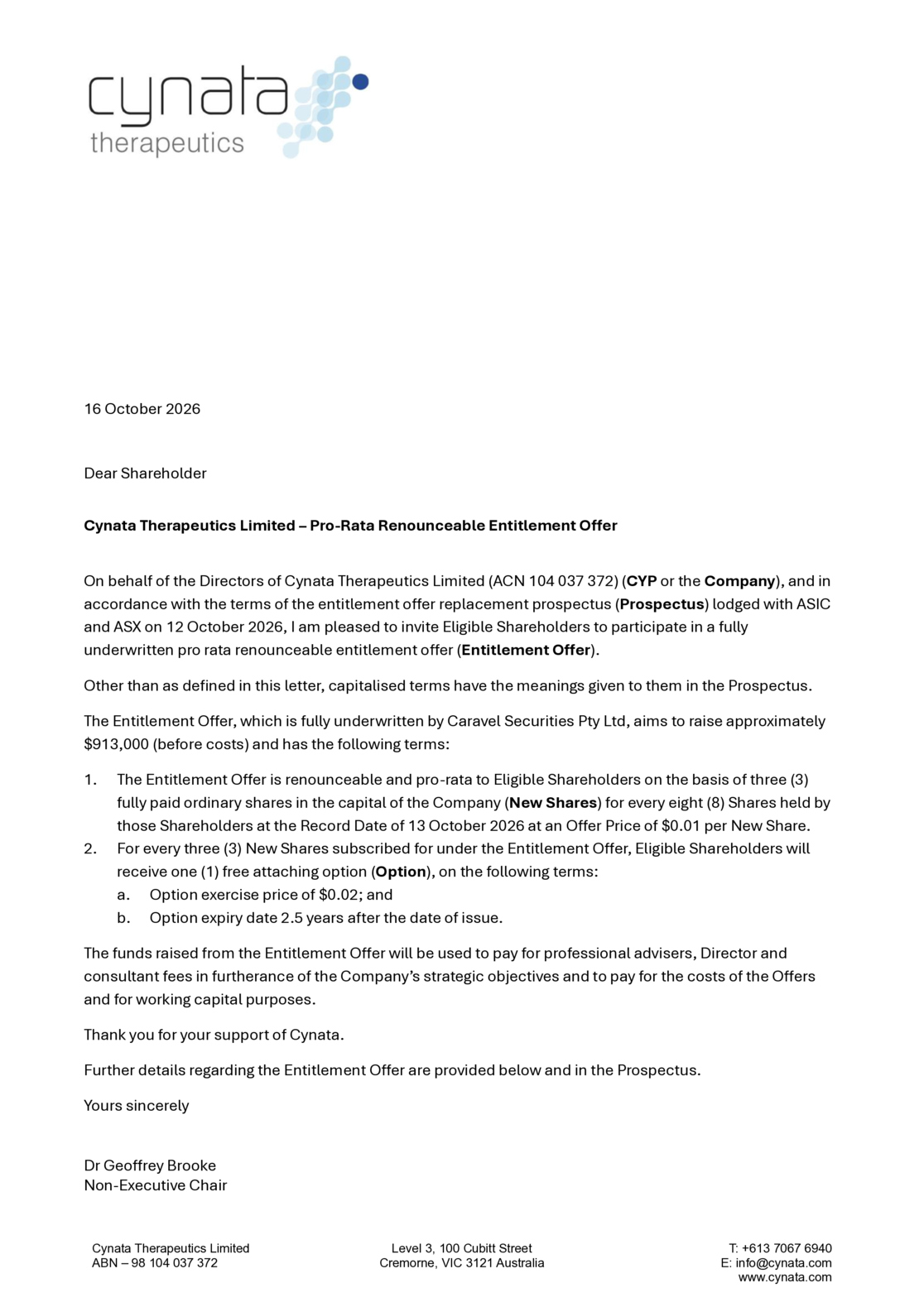 ASX:CYP - Letter to Eligible Shareholders-Entitlement Offer