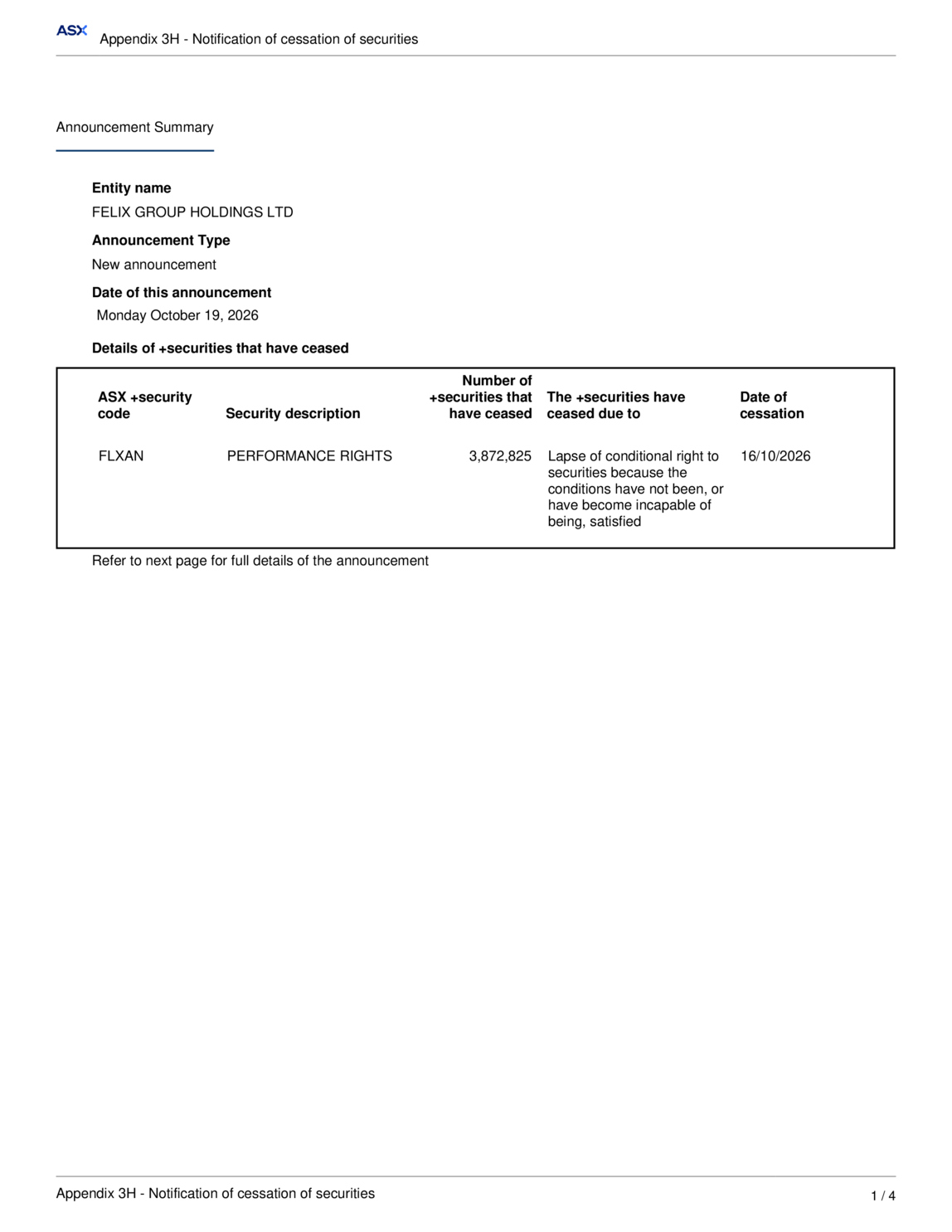 ASX:FLX - Notification of cessation of securities - FLX