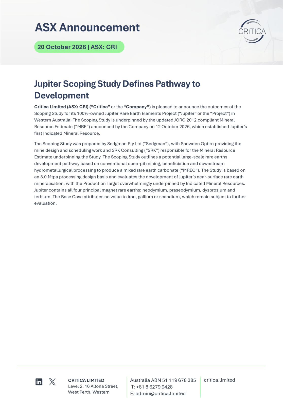 ASX:CRI - Jupiter Scoping Study Defines Pathway to Development