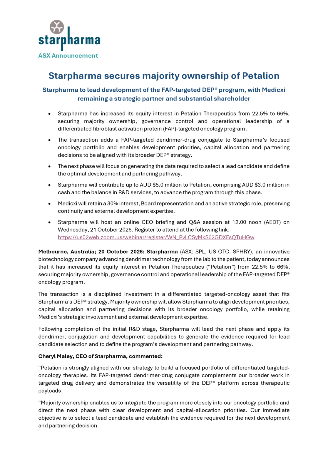 ASX:SPL - Starpharma secures majority ownership of Petalion