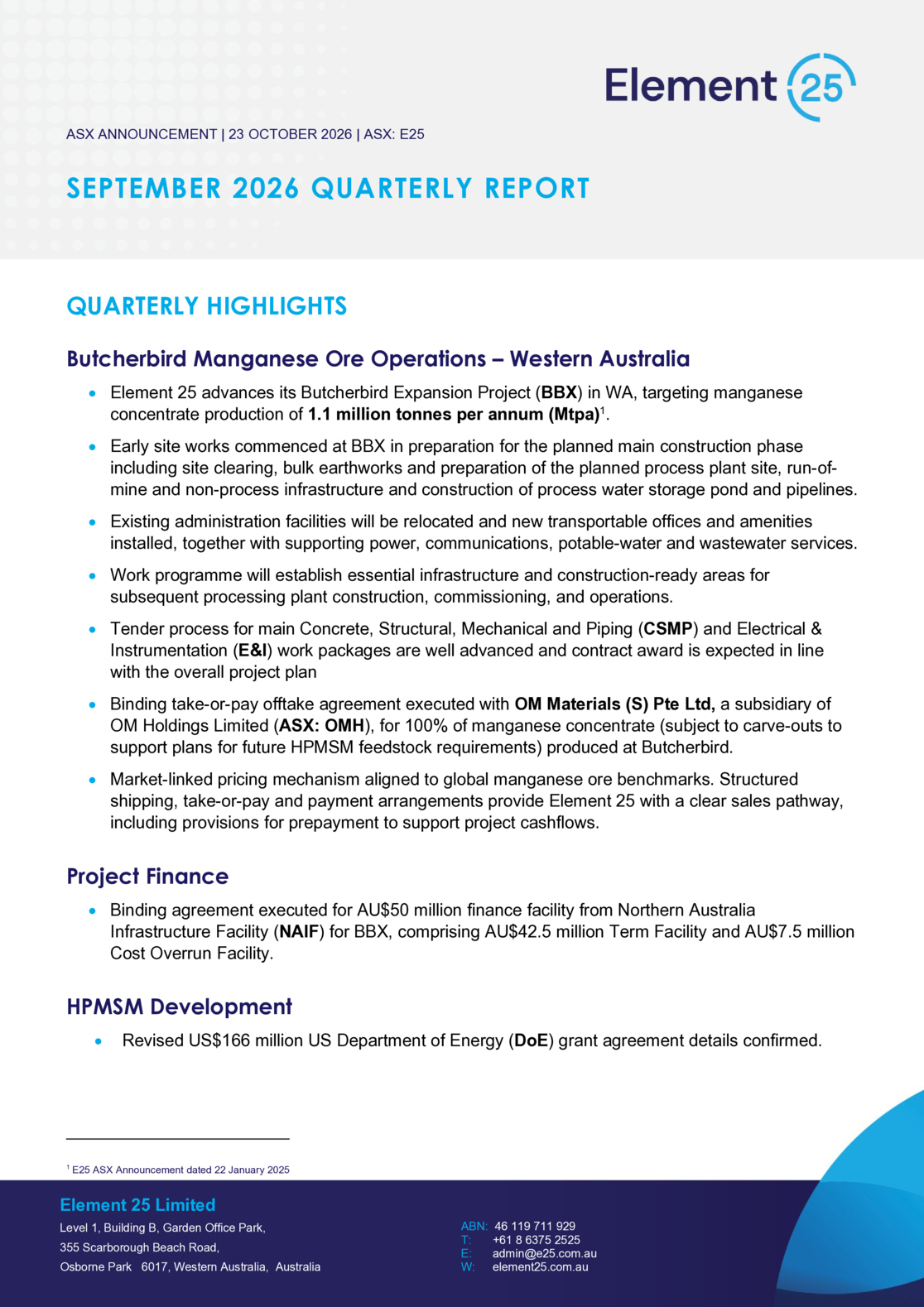 ASX:E25 - Quarterly Activities/Appendix 5B Cash Flow Report