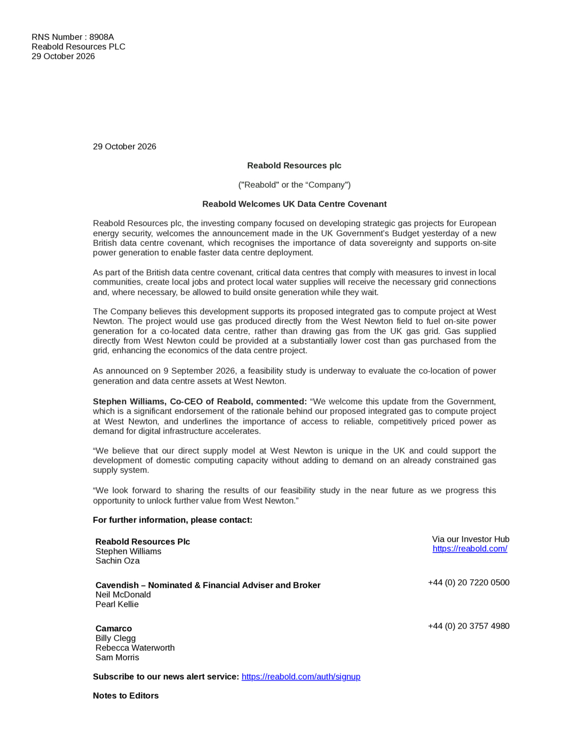 LSE:RBD - Reabold Resources - Reabold Welcomes UK Data Centre Covenant