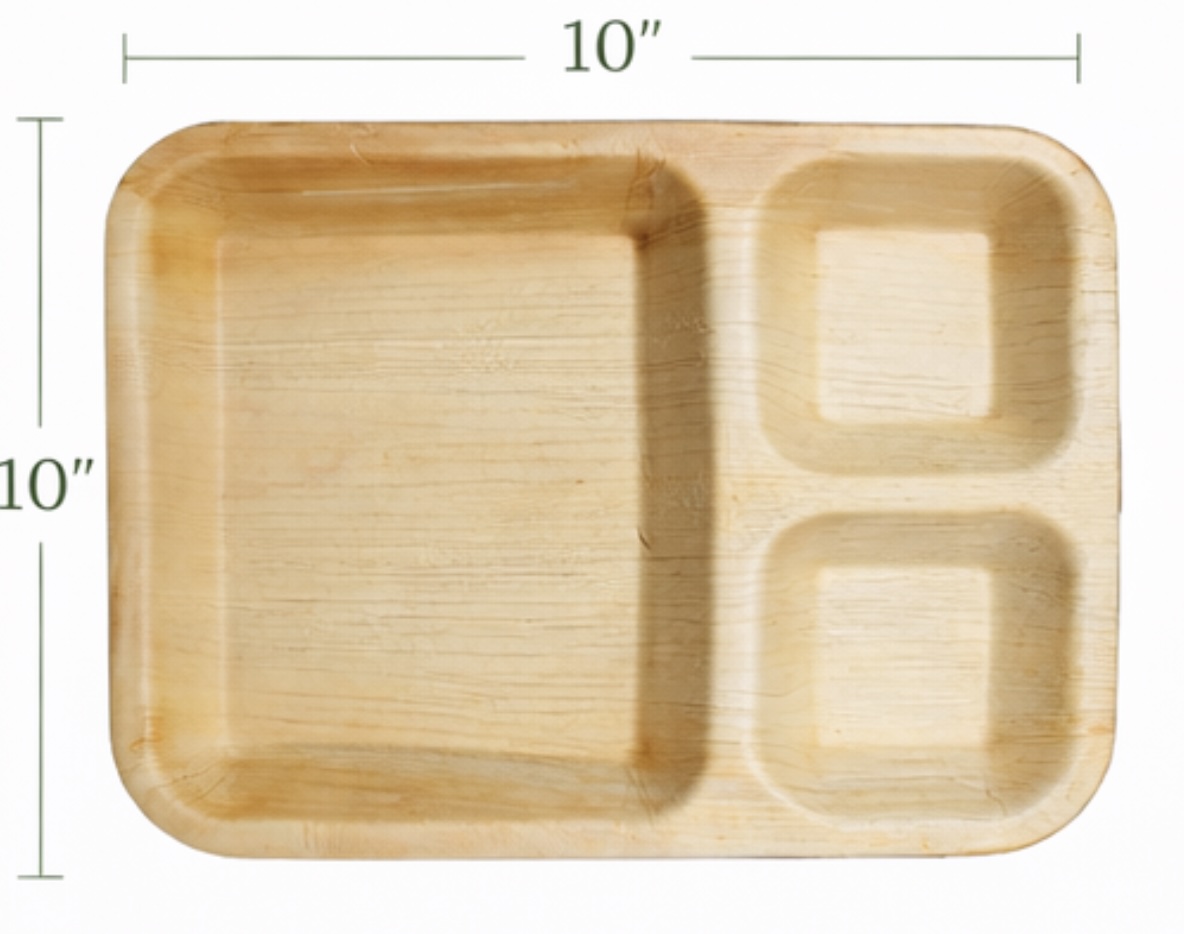 10 Inch 3-Compartment Areca Leaf Tray - Eco-Friendly Thali Plate