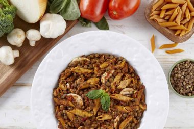 LeafSide Lentil Tomato Pasta - close up