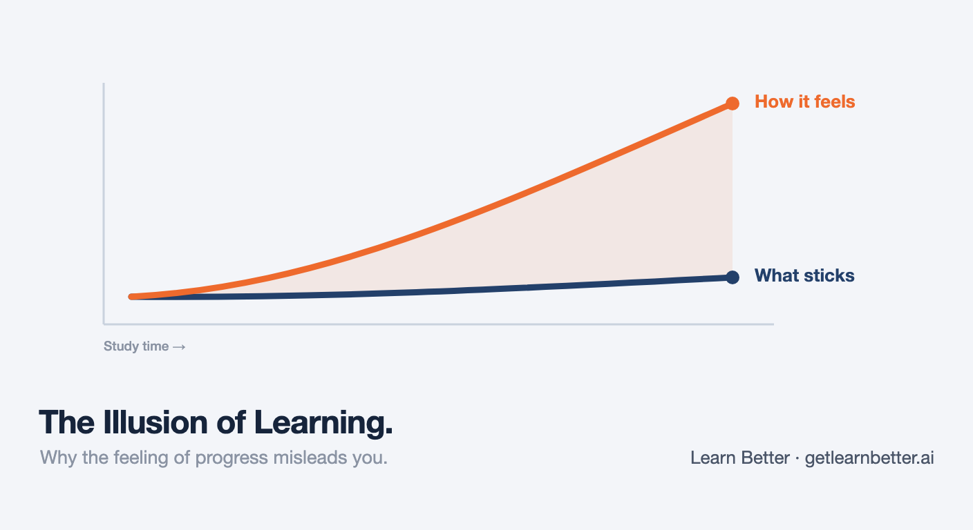 Chart showing the feeling of learning rising while what you retain stays flat