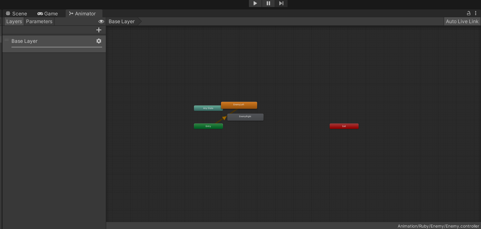 Unity Animator window showing a Base Layer state machine. In the center, nodes labeled “Any State,” “Entry,” “EnemyLeft,” and “EnemyRight” are connected with arrows indicating transitions. A red “Exit” node sits to the right. The left panel lists Layers with “Base Layer” selected. Controls for Play/Pause appear at the top, and “Auto Live Link” is enabled in the upper-right.]