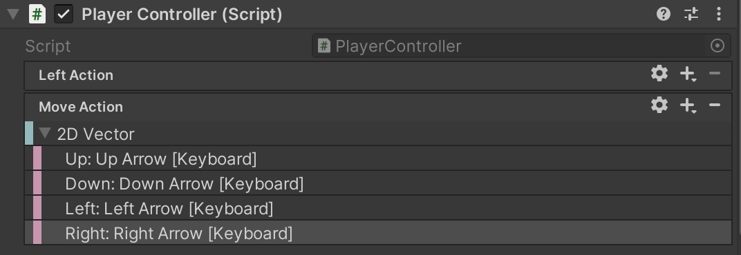 Screenshot showing the Player Controller component with the new Input Action fields