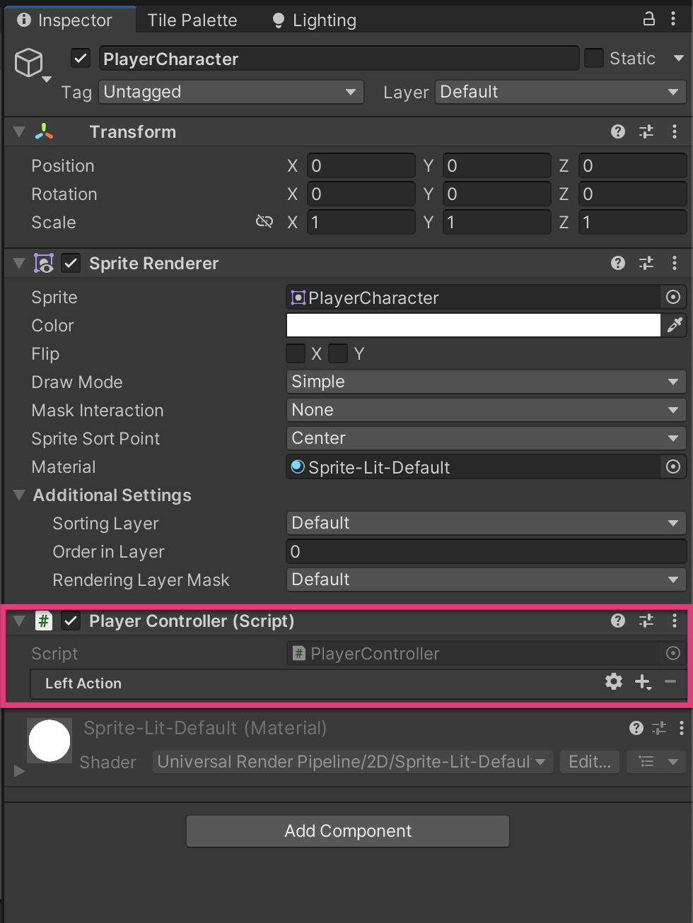 Screenshot showing the Player Controller component