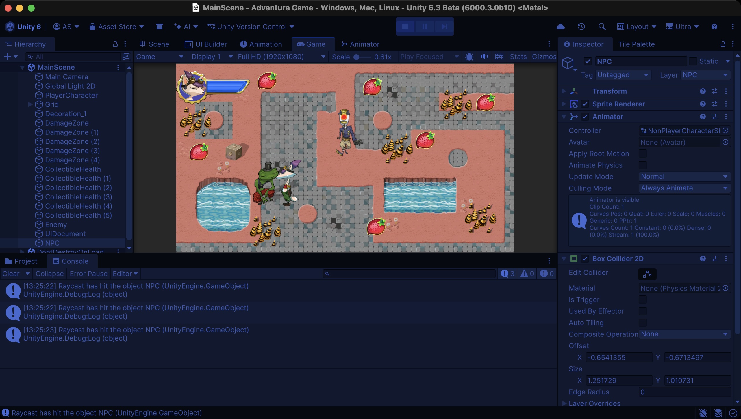 Unity Editor showing the full layout. The Game view is centered and displays the level with the Ruby character, an NPC, damage zones, and strawberry collectibles. The Hierarchy window is on the left, and the Console at the bottom shows logged raycast hit messages.