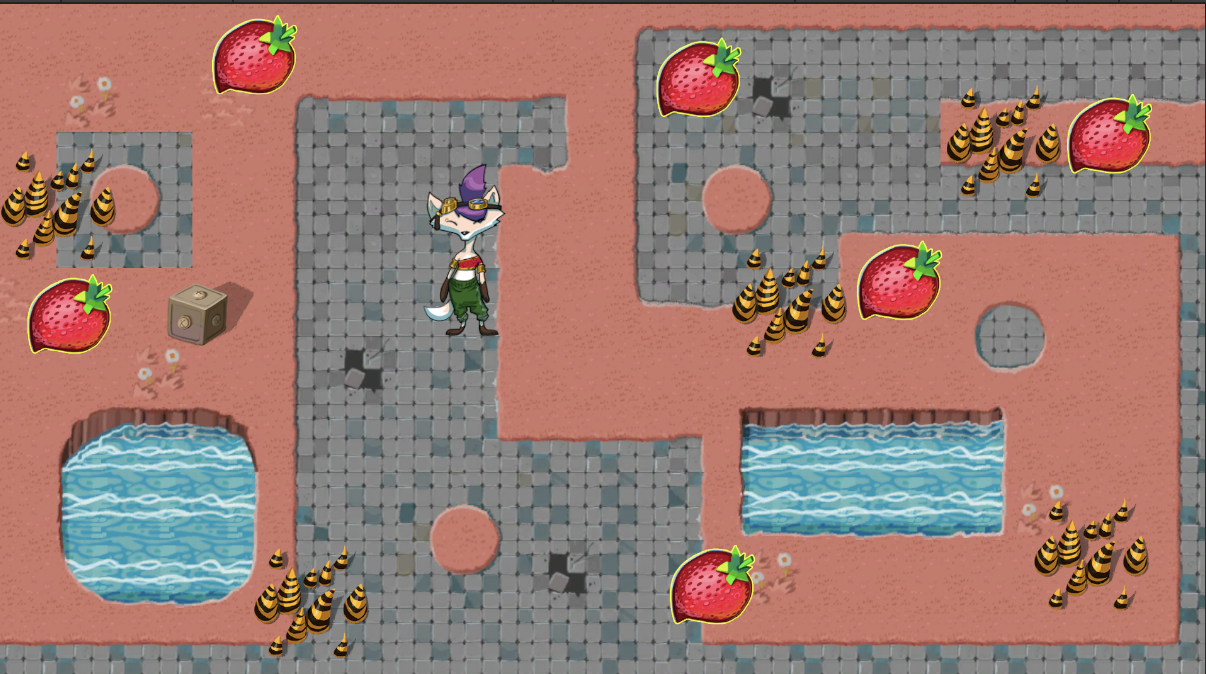 The damage zone for the Ruby asset pack positioned in multiple locations in the Scene view, with its GameObject also visible in the Hierarchy.