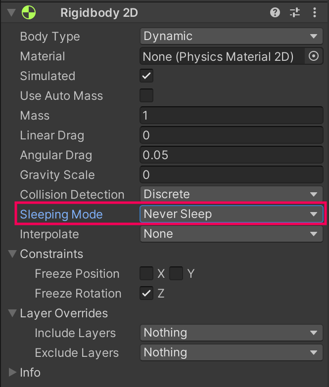 Inspector window showing a Rigidbody 2D component. The Sleeping Mode property is highlighted and set to “Never Sleep”