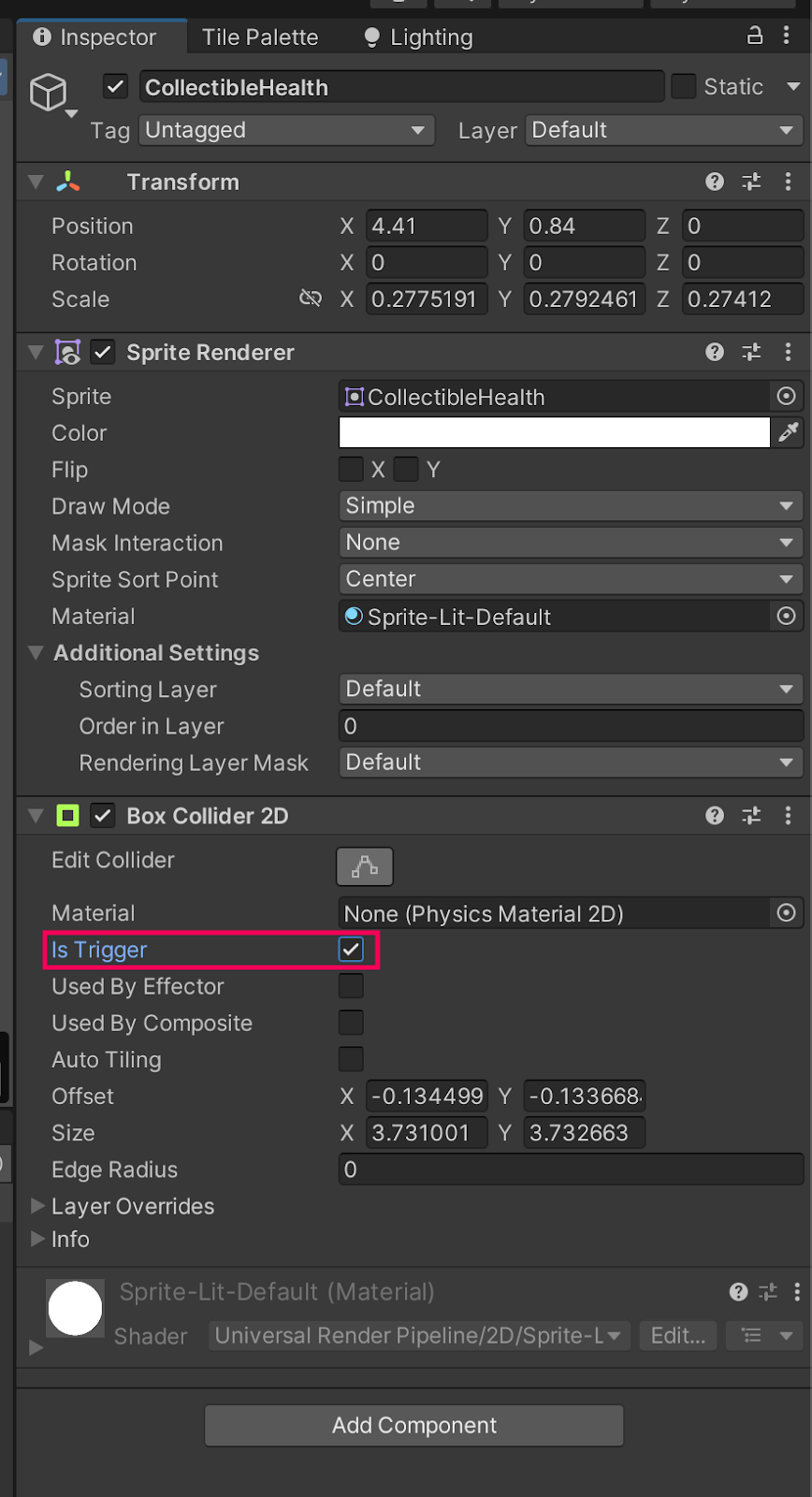 Inspector window showing the CollectibleHealth GameObject. In the Box Collider 2D component, the Is Trigger property is highlighted and the checkbox is checked.