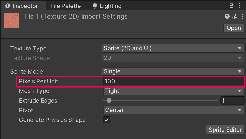 Screenshot of the Inspector window with a callout for the Pixels per Unit property